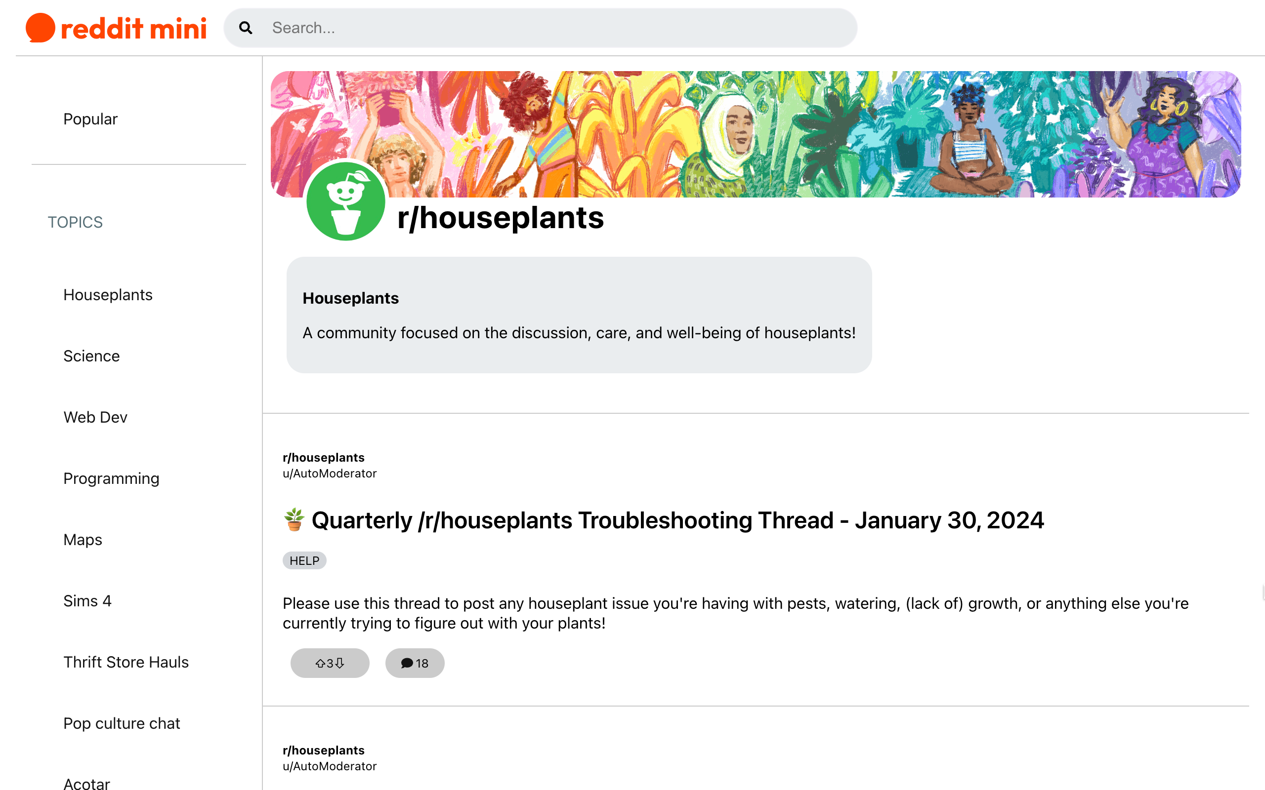 Screenshot of the reddit mini website. It is on a page for the r/Houseplants subreddit. Reddit mini resembles Reddit.